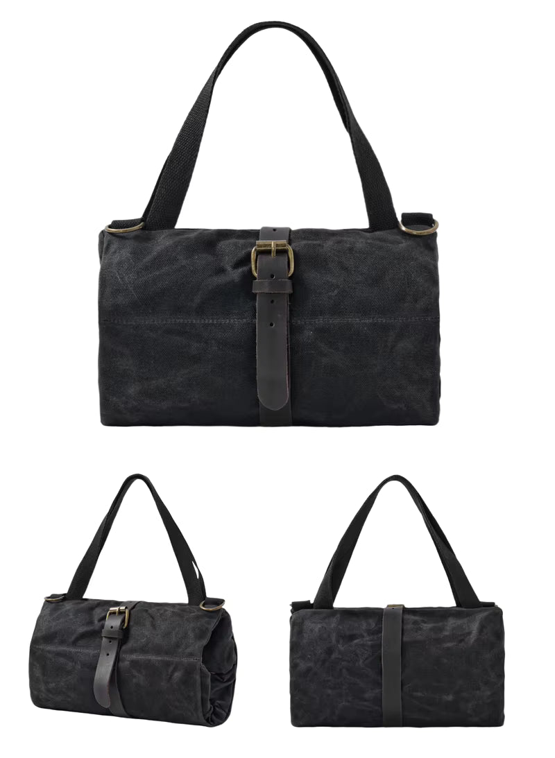 Heavy duty Canvas Tool Roll with Leather strap - Black