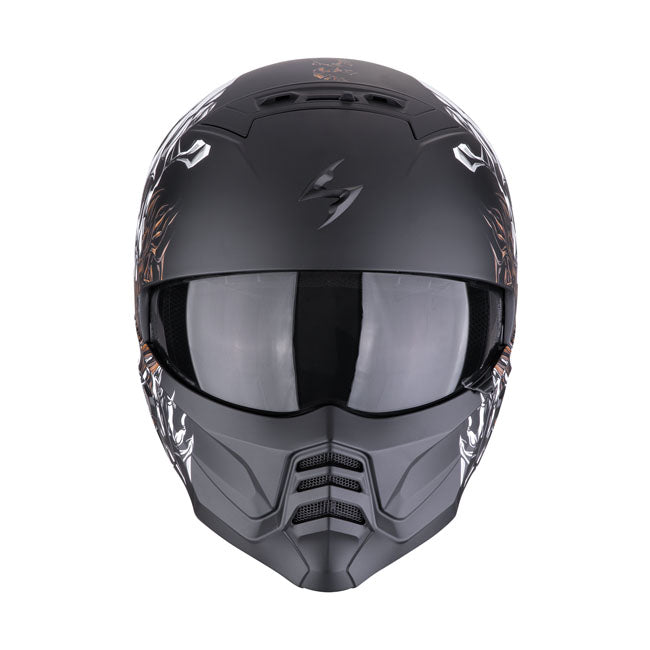 Scorpion EXO-Combat II Genesis Matte Black-White-Gold Helmet - motorcycle helmets at Pedro's Parts