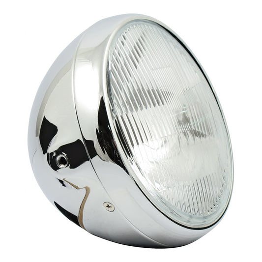 British Style 7" H4 Headlamp. Side Mount. Chrome