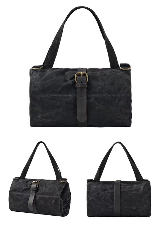 Heavy duty Canvas Tool Roll with Leather strap - Black